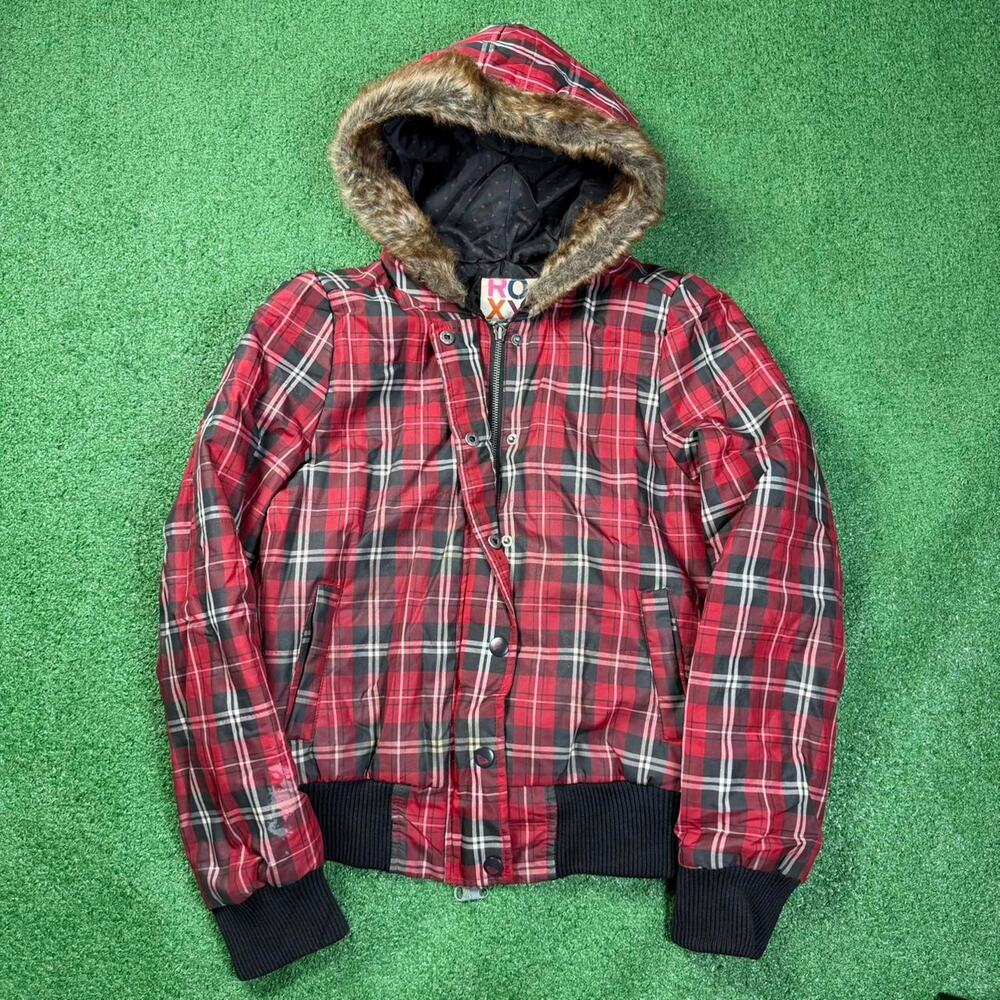Vintage Y2K Roxy Plaid Puffer Jacket Fur Hood Red Snowboard Womens S
